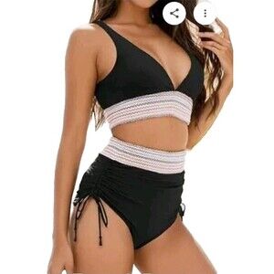 Zuvebamyo XL Black High Waisted Bikini Set Color Block‎ Tummy Control NEW